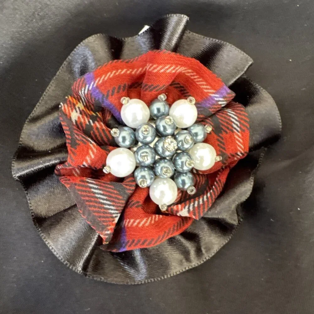 Cara Red Black Plaid Pearl Beaded Floral Hat Brooch/Hair Pin Steampunk NEW